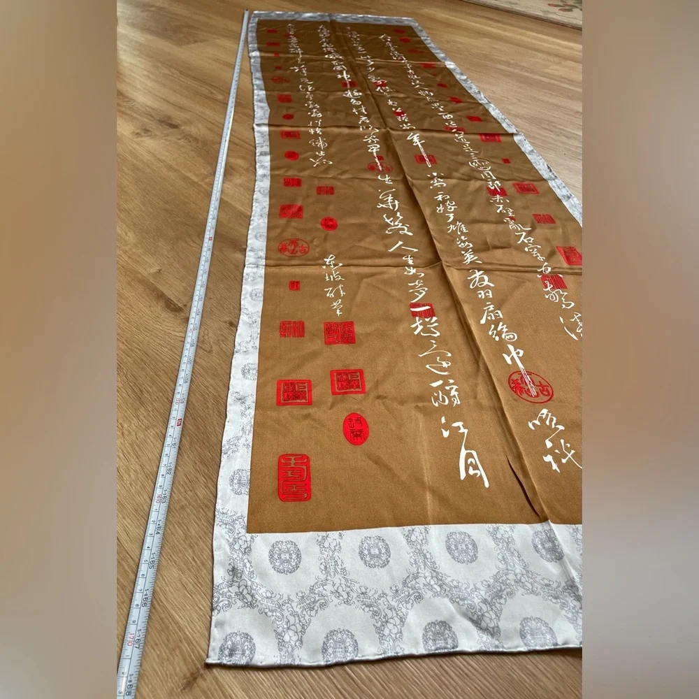 Vintage 100% Silk Oriental Asian Hand Rolled Scarf brown silver large rectangle